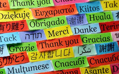 Colorful slips of paper with thank you written in many languages