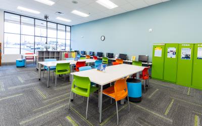 Tables and chairs inside Learning Lab