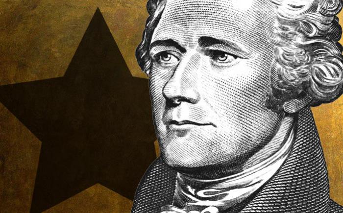 Engraving of Alexander Hamilton against a star background