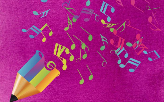 Illustration of a colored pencil and music notes