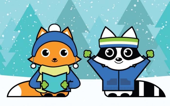 Asparagus fox and Ricky raccoon in the snow