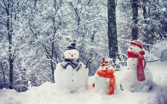 Trio of snowmen in a snowy woods
