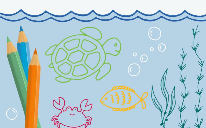 Colored pencils next to a hand-drawn, underwater scene