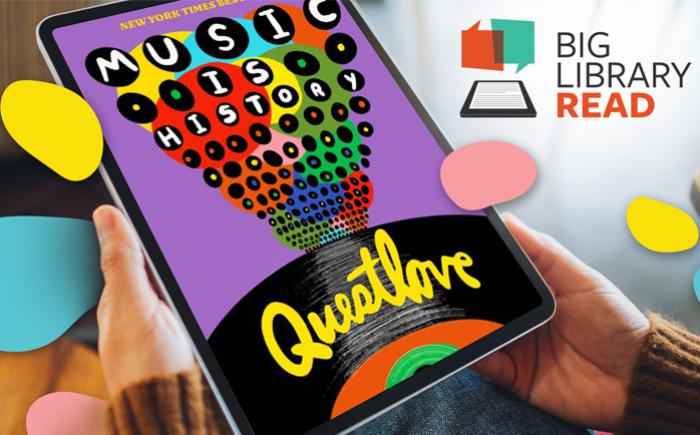 Hands holding a tablet displaying the Music Is History book cover