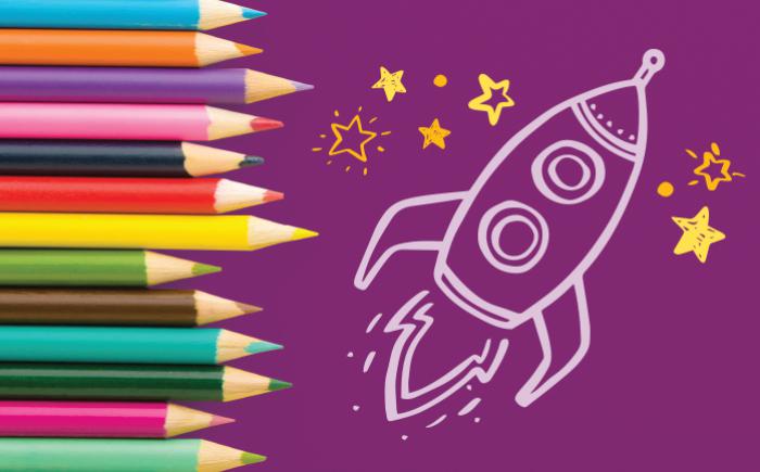 Colored pencils next to a hand-drawn rocket