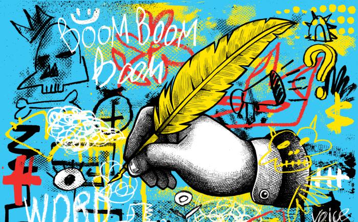 Illustration of a hand holding a quill against a graffiti background