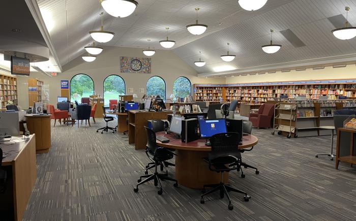 View across the Old Worthington Library popular library, offering computers, reference services, current magazines and newspapers, comfortable seating and more