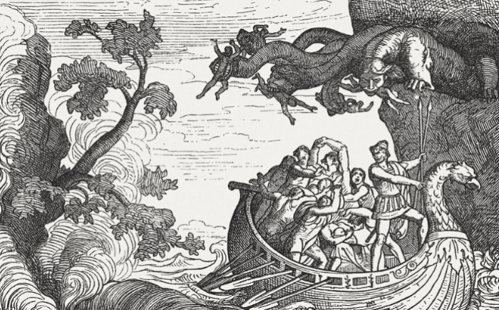 Wood engraving art from the Odyssey of Odysseus losing six of his companions by the Scylla.