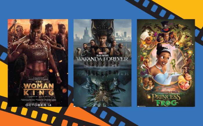 The Woman King, Wakanda Forever and The Princess and the Frog DVD covers