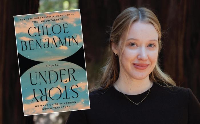 The Author, Chloe Benjamin, next to an image of the cover of her book, Under Story