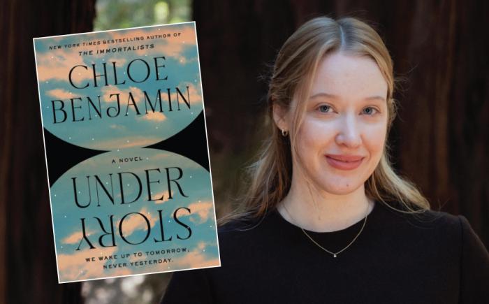 The Author, Chloe Benjamin, next to an image of the cover of her book, Under Story