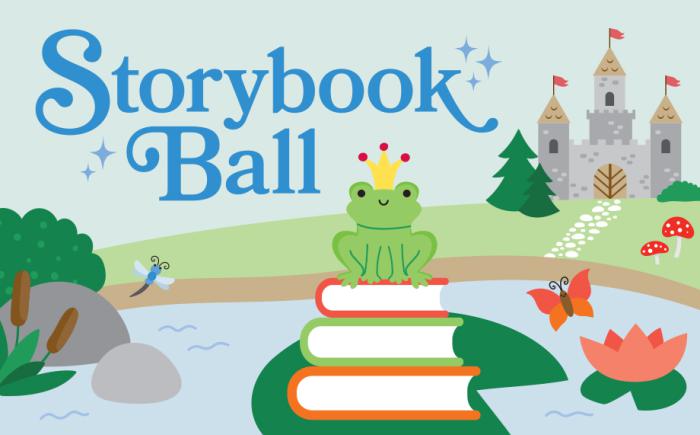 A cartoon image of a frog sitting on books on a lily pad in a pond with a castle in the background, promoting the Storybook Ball event.