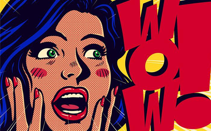 A woman, hands on face, next to the word Wow