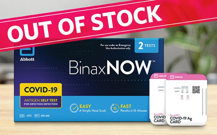 OUT OF STOCK banner over BinaxNOW COVID test box 