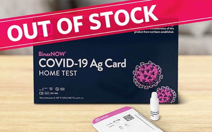 COVID-19 at-home test kit with "out of stock" banner