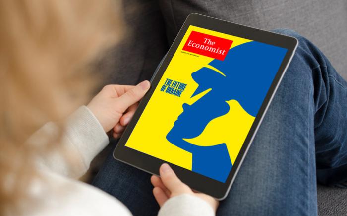 Tablet displaying a cover image of The Economist