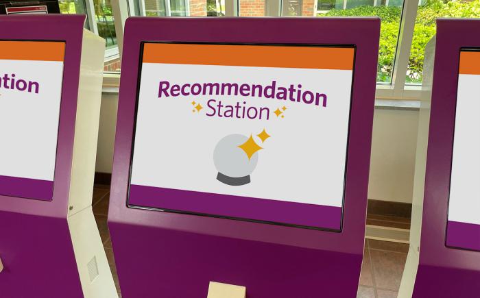 Recommendation Station kiosk screen with logo and crystal ball