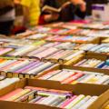 Books displayed in boxes