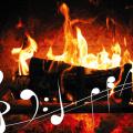 Line of musical notes atop image of log burning in a fireplace