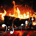 Log burning in a fireplace, with musical notation