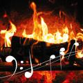 Log burning in a fireplace, with musical notation