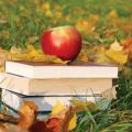 Stack of books in fallen leaves topped with apple