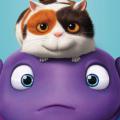 A cat crouches on a purple alien's head
