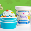 Cup of blue ice cream with candies next to a pint of Blue-o-saurus ice cream from Mardi Gras Homemade Ice Cream in front of the summer reading club logo.