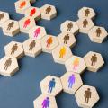 Wooden hexagonal tiles with a person icon on them in different colors