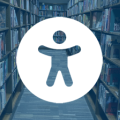 Universal access icon overlaying book shelves