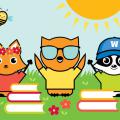 A fox, owl and raccoon raise arms behind stacks of books