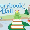 A cartoon image of a frog sitting on books on a lily pad in a pond with a castle in the background, promoting the Storybook Ball event.