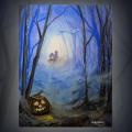 A chalk pastel portrait of a scary forest with a jack-o-lantern.