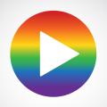 Rainbow-colored play button