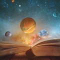 Planets and stars around an open book