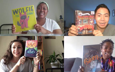 Video stills from booktalks with four staff members holding up books