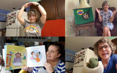 Video stills from storytimes with three staff members singing, reading and tell stories