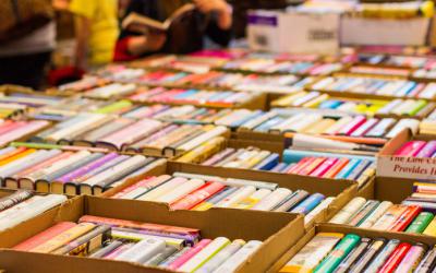 Books displayed in boxes
