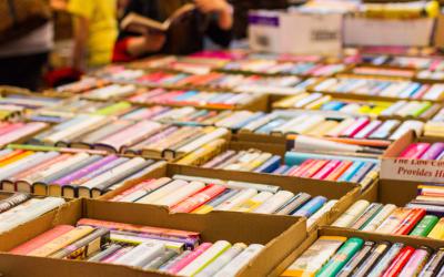 Books displayed in boxes