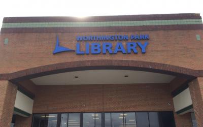 Exterior photo of Worthington Park Library entrance, March 2019
