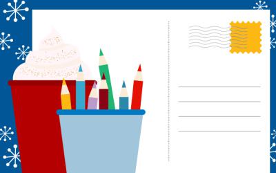 A mug and colored pencils atop a postcard