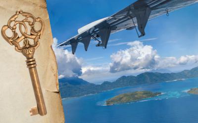 Collage image of an ornate key and a plane wing over an island scene