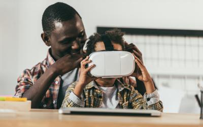 Father and son with VR headset