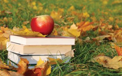 Stack of books in fallen leaves topped with apple