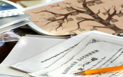 Genealogical documents, including a family tree and marriage license