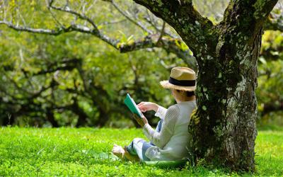 Woman reading outside under a tree
