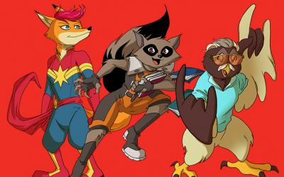 A fox, raccoon and owl dressed as comic book characters