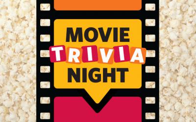 The words Movie Trivia Night appear on a film strip