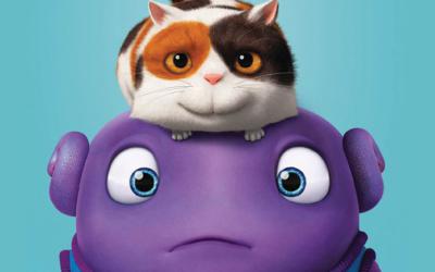 A cat crouches on a purple alien's head