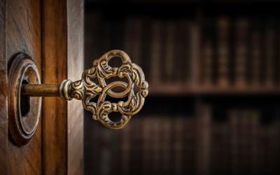 Ornate key in a lock